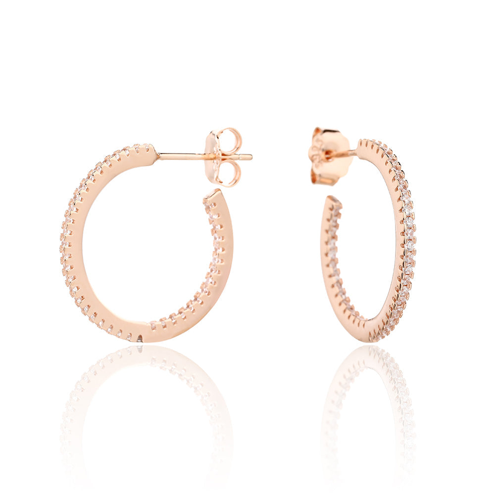 עגילי חישוק בציפוי רוז גולד משובצים בזרקונים - דגם סהר