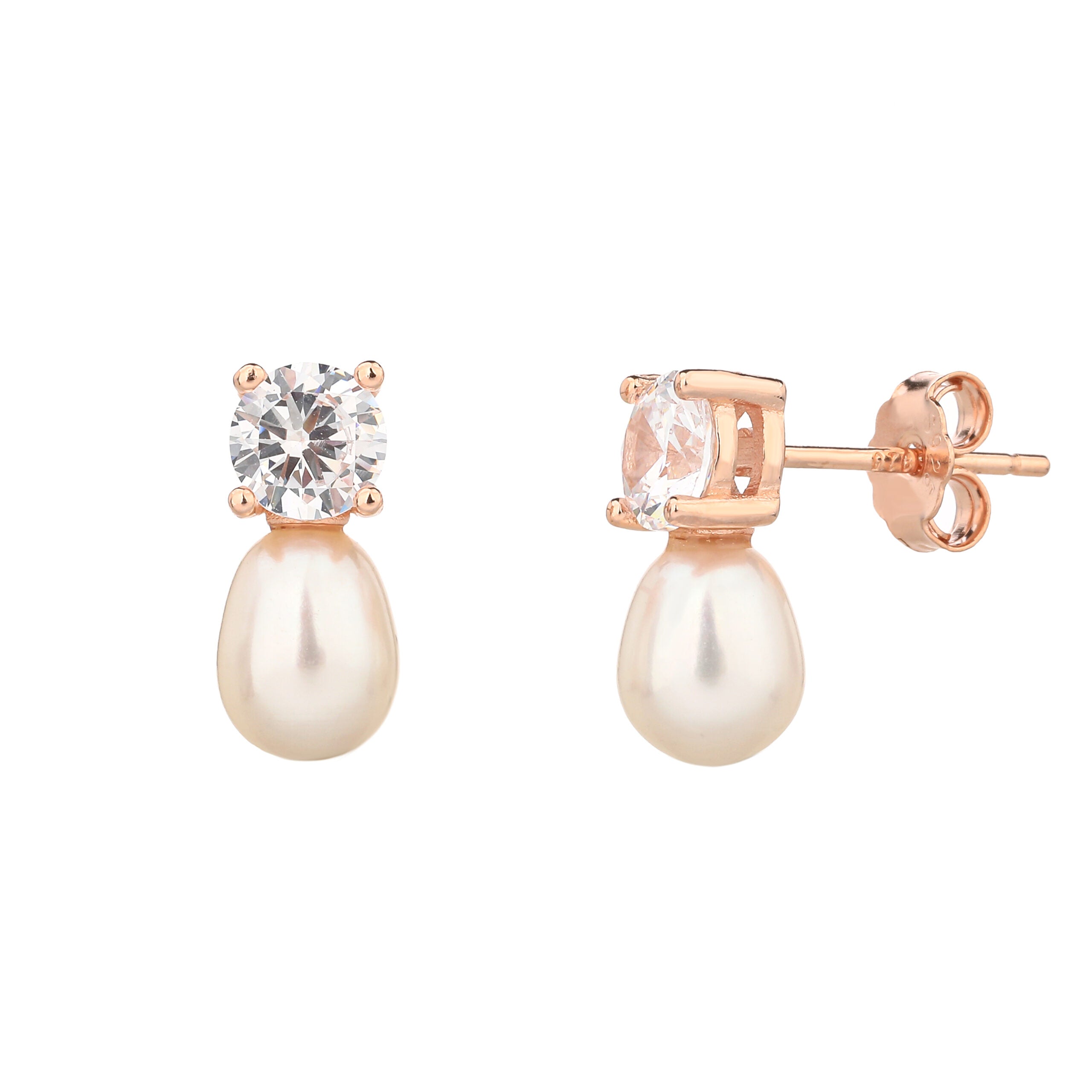 עגילים צמודים בציפוי רוז גולד משובצים בזרקונים ופנינה - דגם לירי