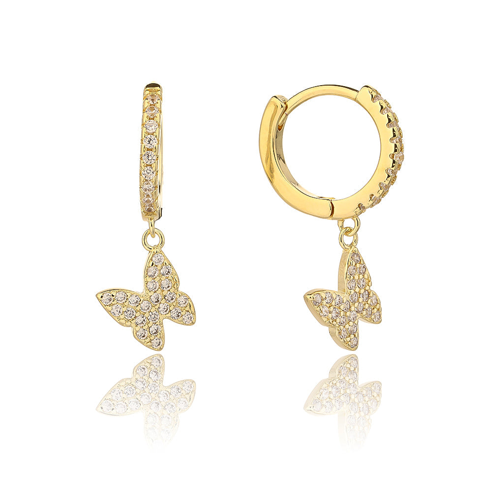 עגילים נופלים בציפוי זהב משובצים בזרקונים - דגם פרפר