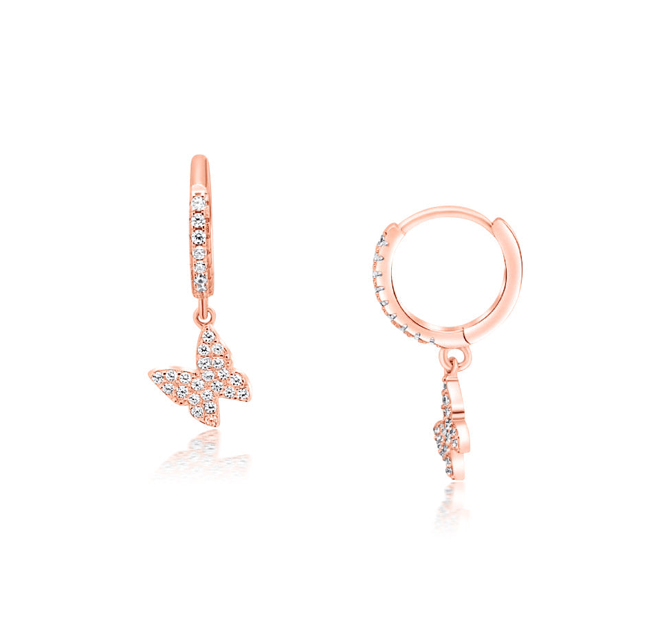 עגילים נופלים בציפוי רוז גולד משובצים בזרקונים - דגם פרפר