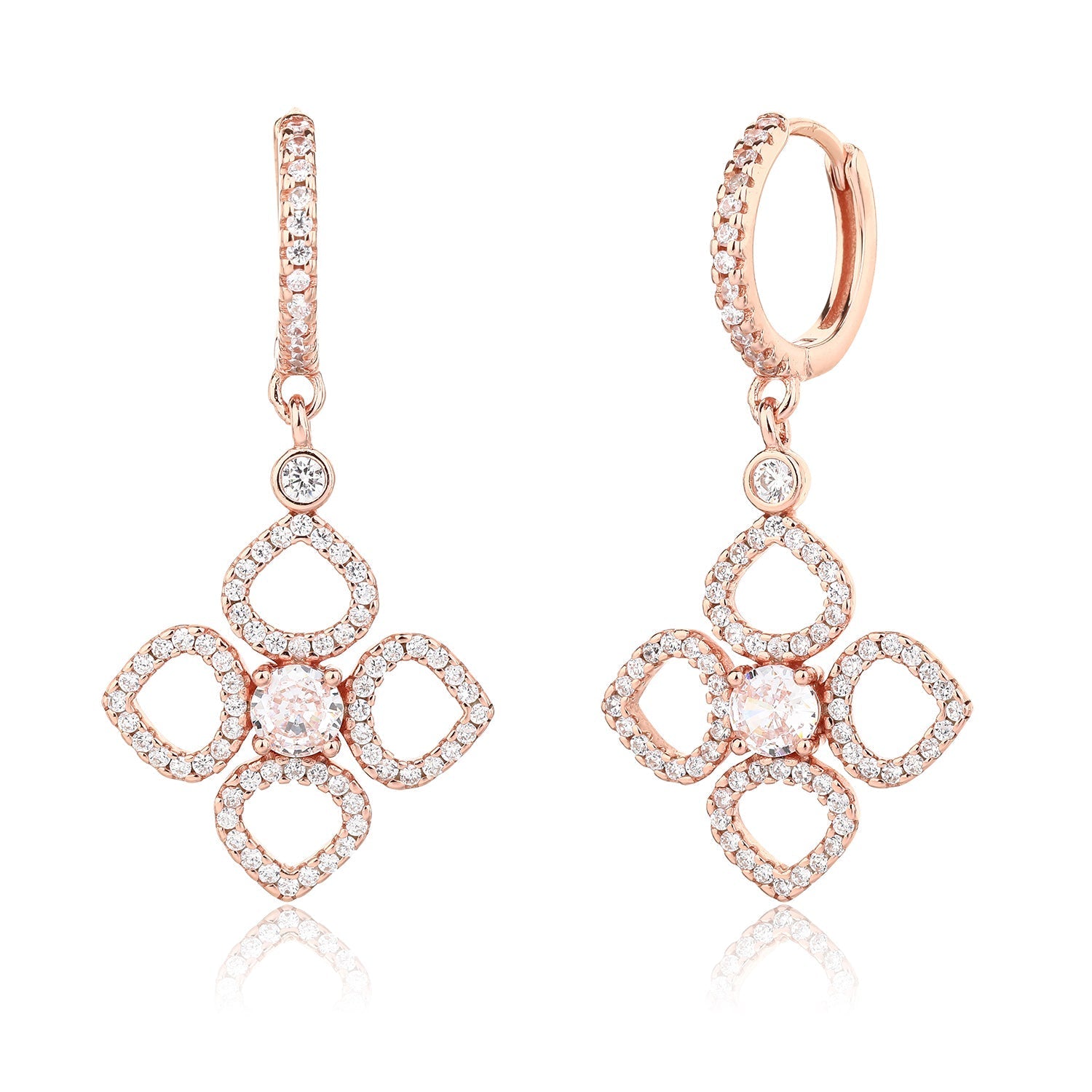 עגילים נופלים בציפוי רוז גולד משובצים בזרקונים - דגם שואו