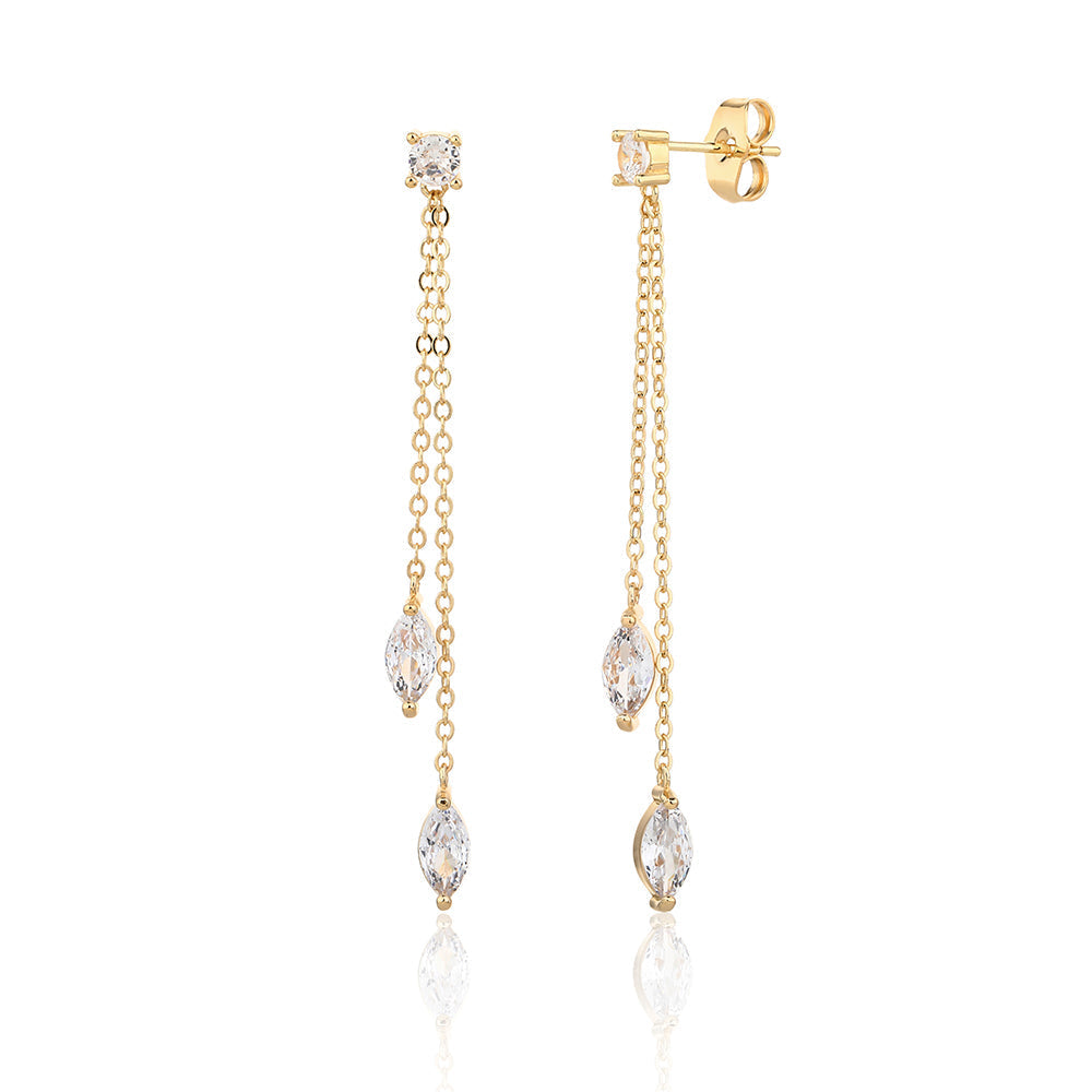 עגילים נופלים בציפוי זהב משובצים בזרקונים - דגם דריפ