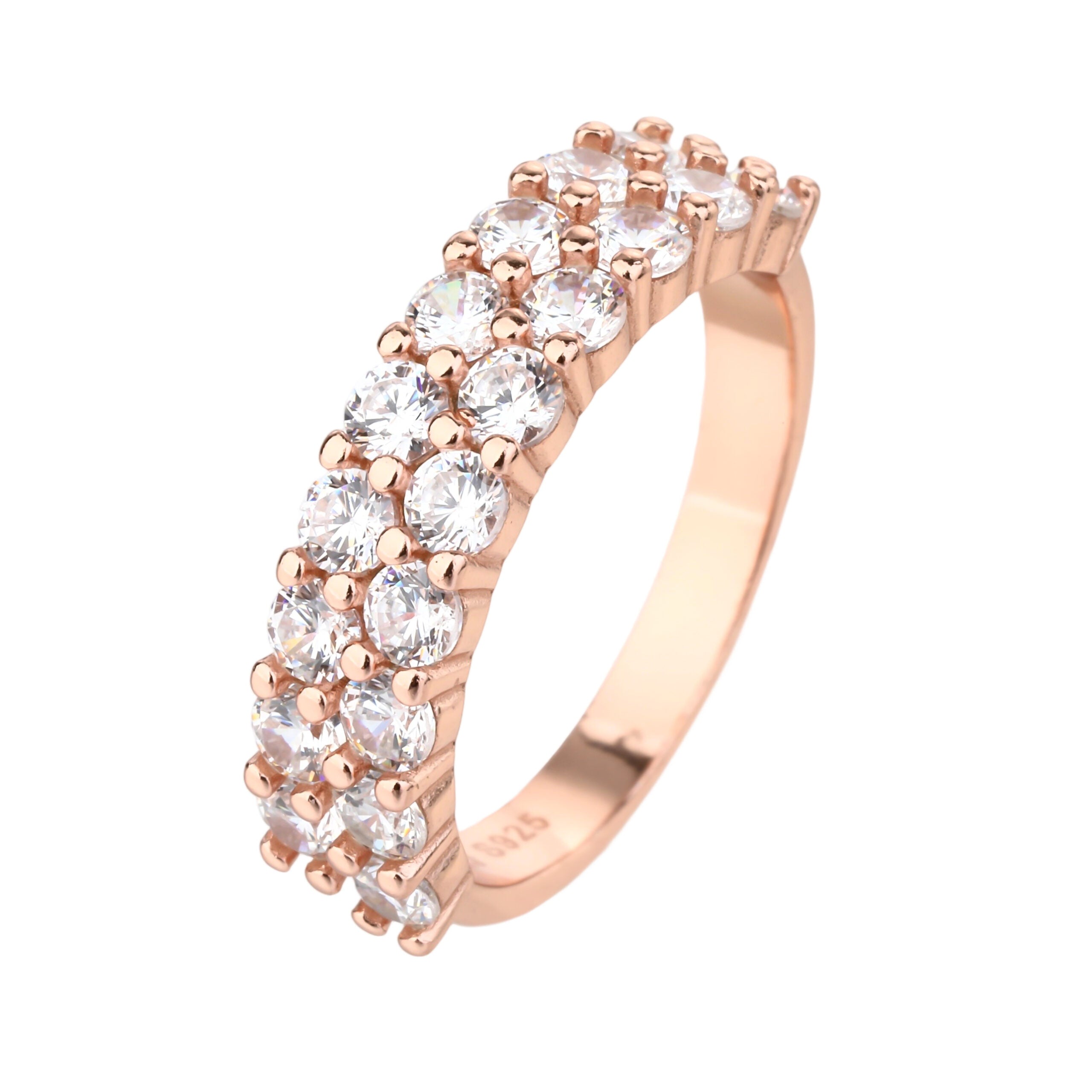 טבעת כסף 925 בציפוי רוז גולד בשיבוץ זרקונים כפול