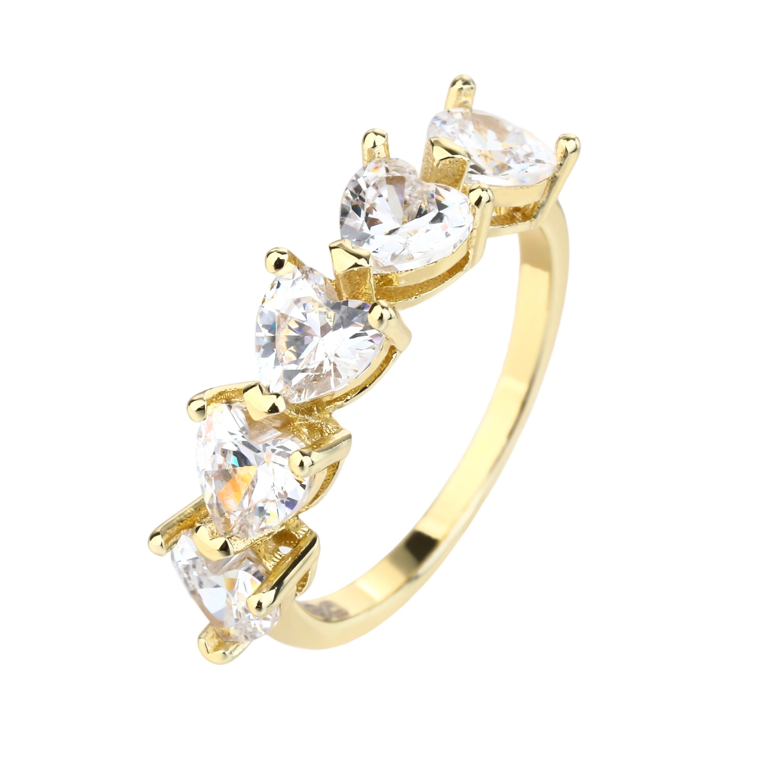 טבעת לבבות זהב משובצת זרקונים