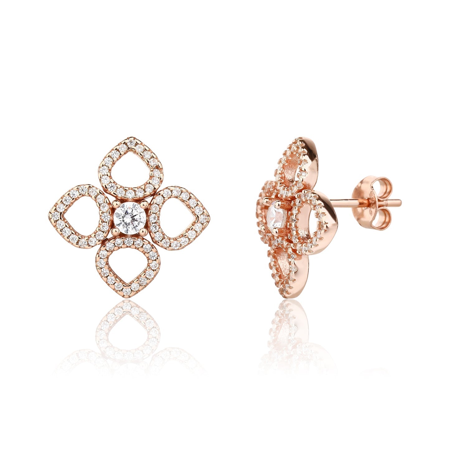 עגילים צמודים בציפוי רוז גולד משובצים בזרקונים - דגם תלתן