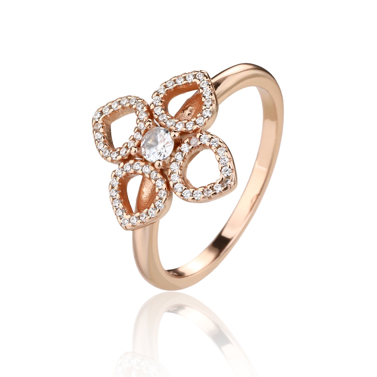 טבעת בציפוי רוז גולד משובצת זירקונים - דגם תלתן