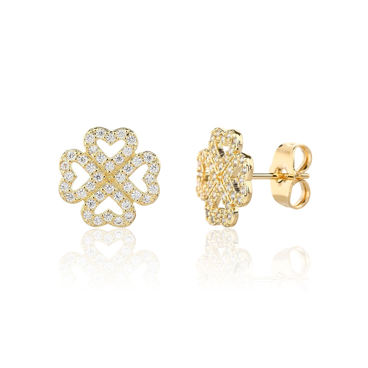 עגילים צמודים בציפוי זהב משובצים בזרקונים - דגם תלתן