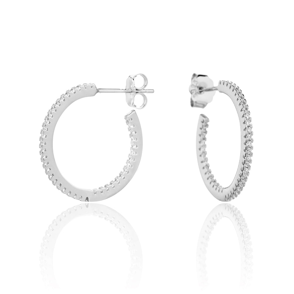 עגילי חישוק כסף 925 משובצים בזרקונים - דגם סהר