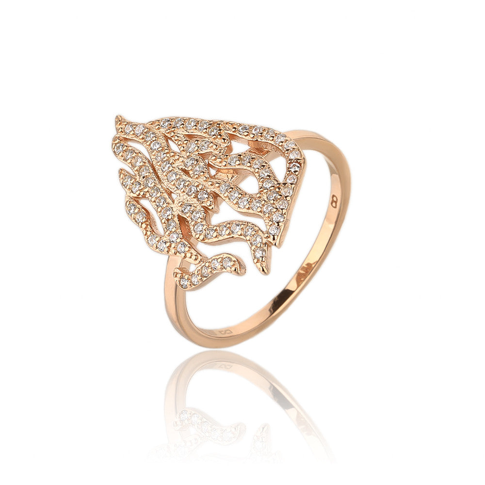 טבעת כסף 925 בציפוי רוז גולד דגם להבה משובצת זרקונים