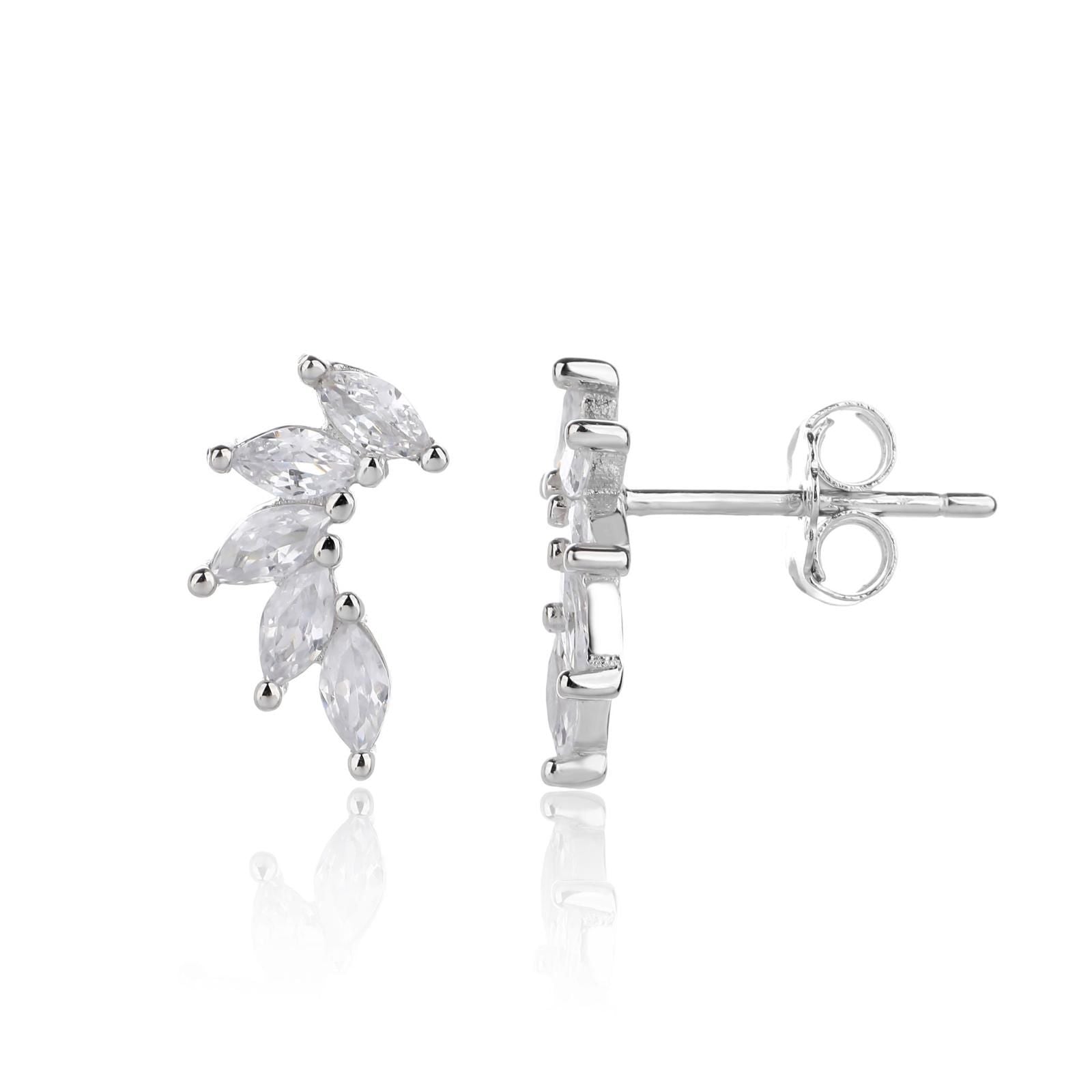 עגילים צמודים כסף 925 משובצים בזרקונים ופנינה - דגם קשת