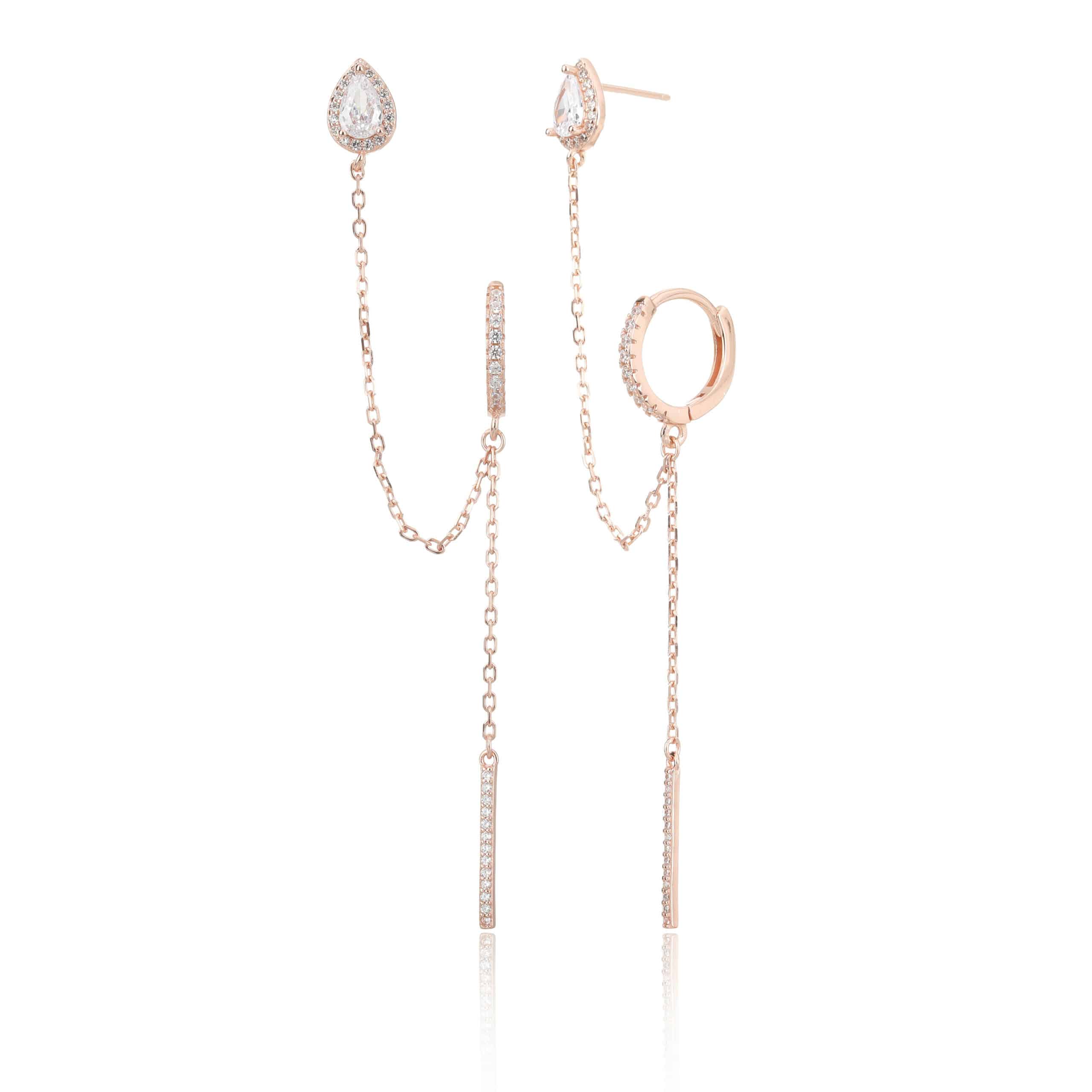 עגילים נופלים בציפוי רוז גולד משובצים בזרקונים - דגם סילבר