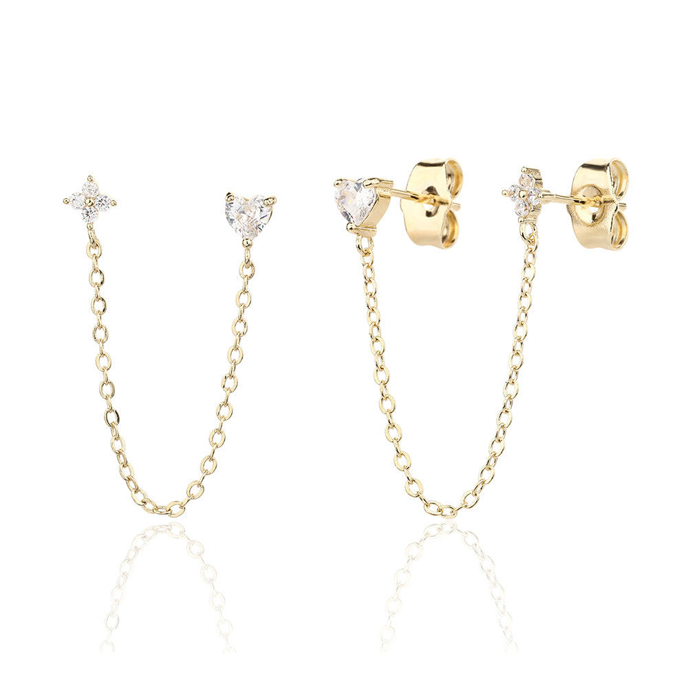 עגילים נופלים בציפוי זהב משובצים בזרקונים - דגם לב ופרח