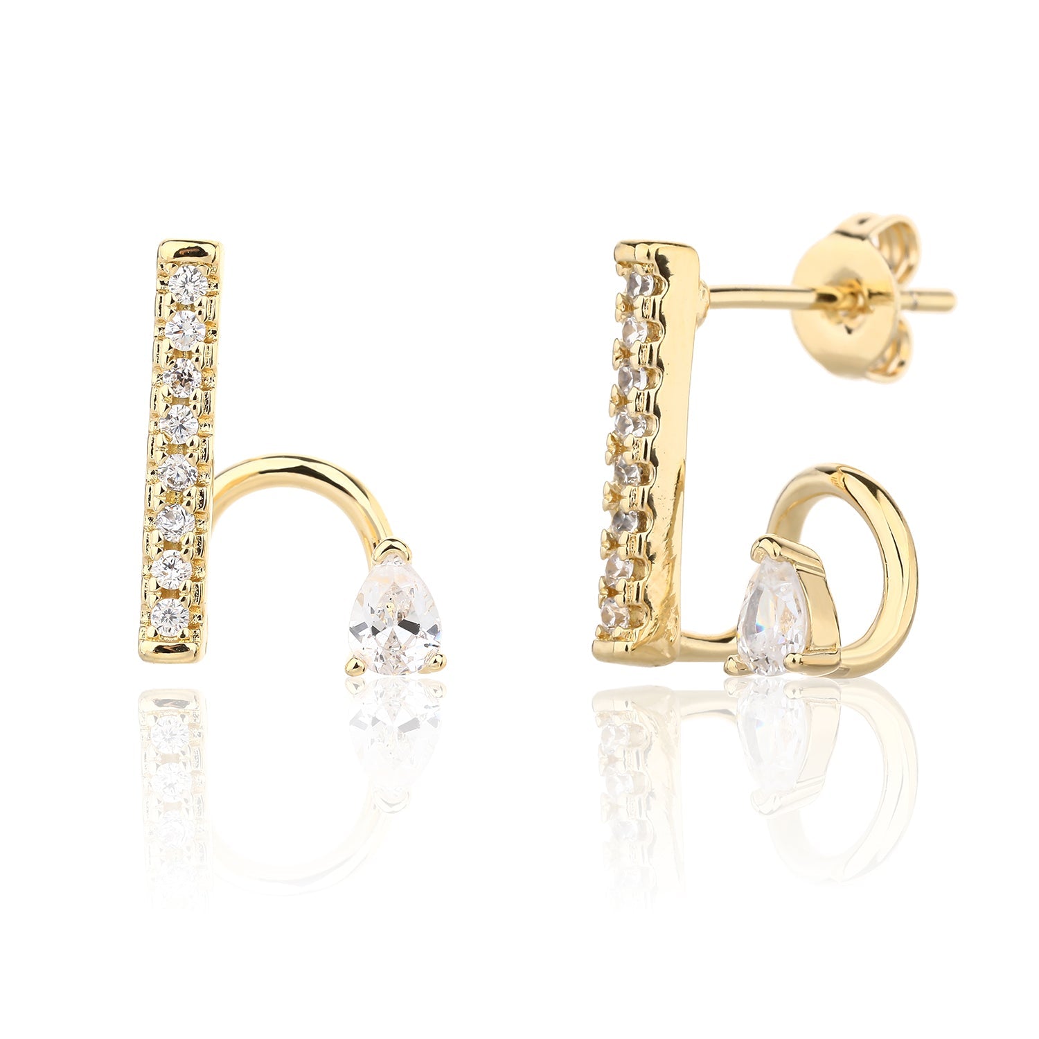 עגילים צמודים בציפוי זהב משובצים בזרקונים - דגם מישל