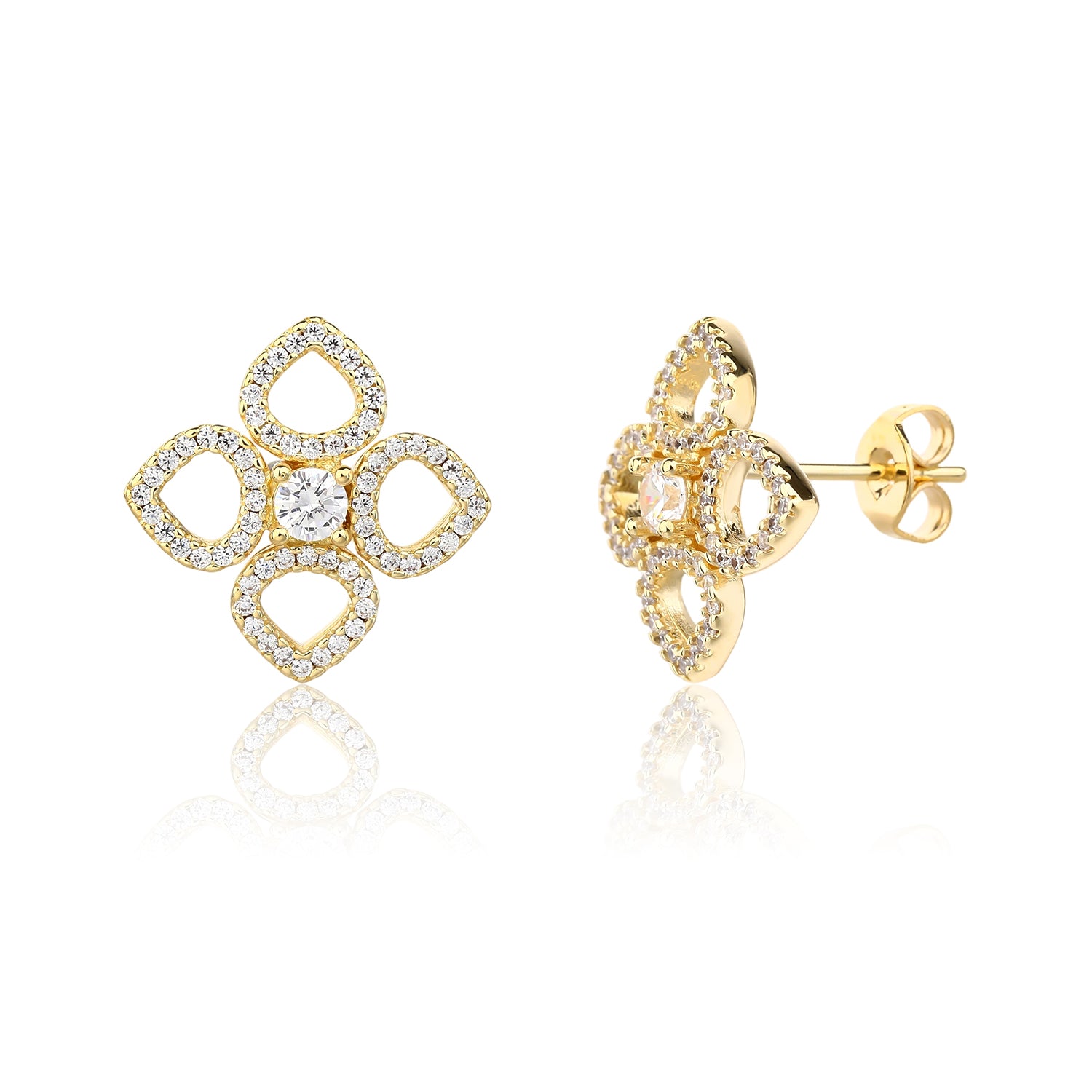 עגילים צמודים בציפוי זהב משובצים בזרקונים - דגם תלתן