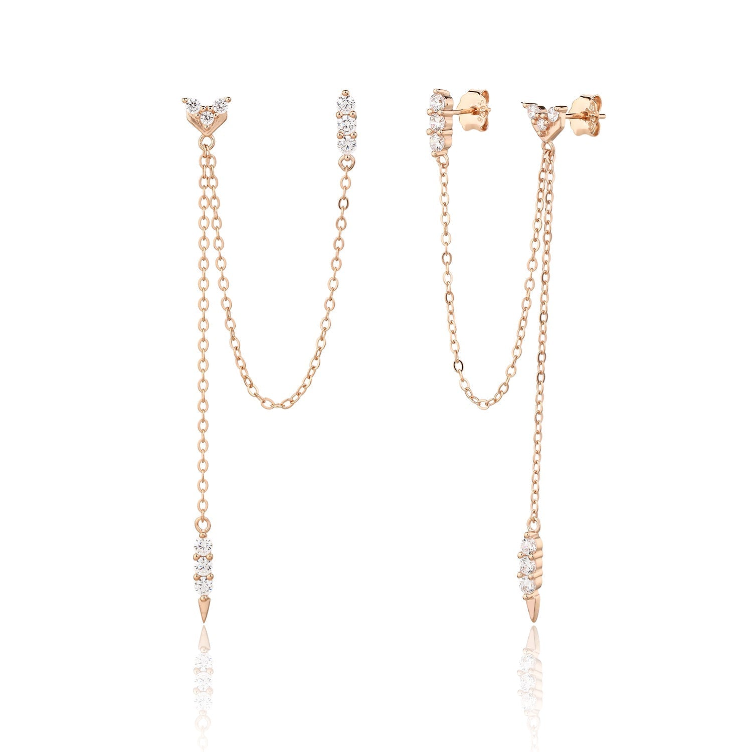 עגילים נופלים בציפוי רוז גולד משובצים בזרקונים - דגם שירי