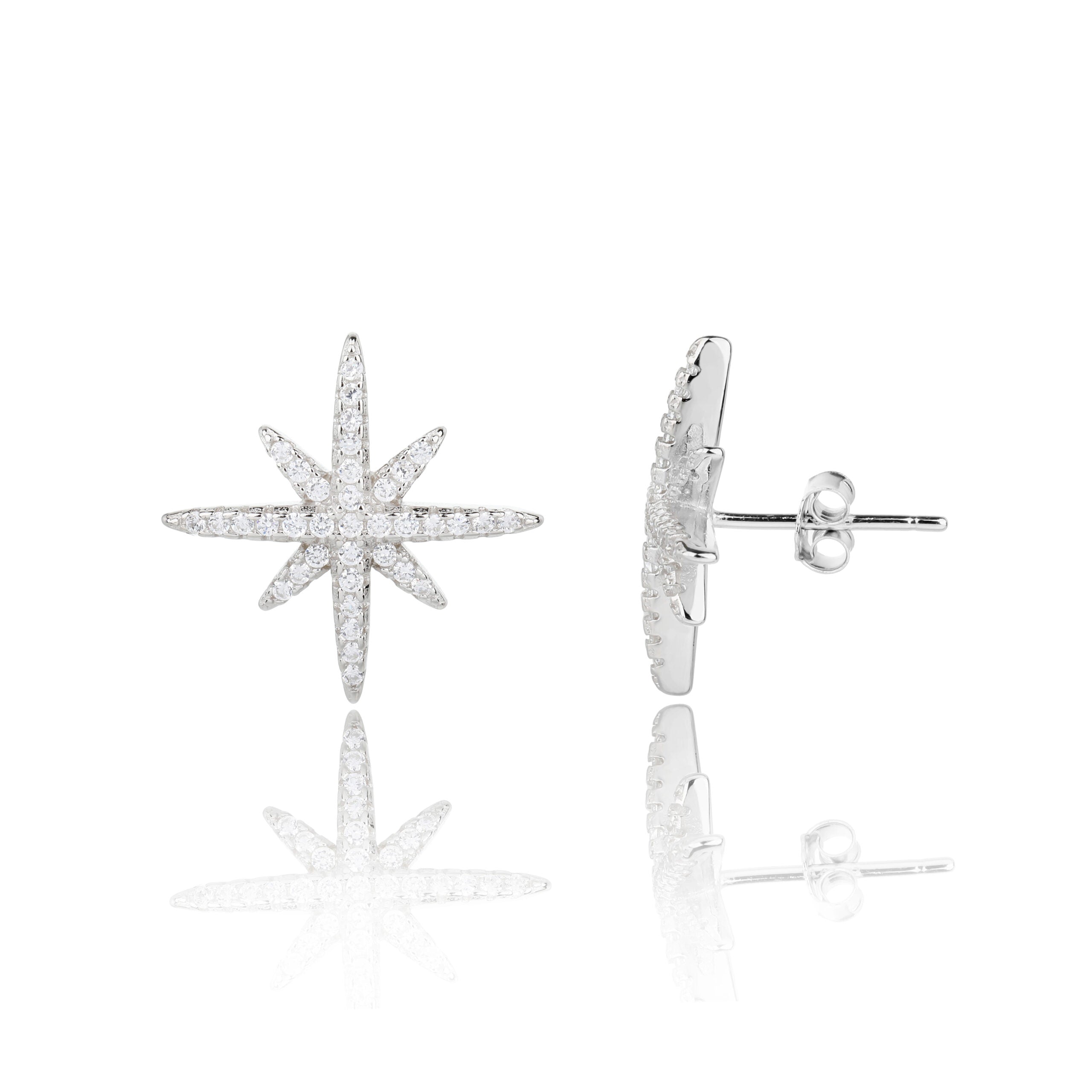 עגילים צמודים כסף 925 משובצים בזרקונים - דגם פתית שלג