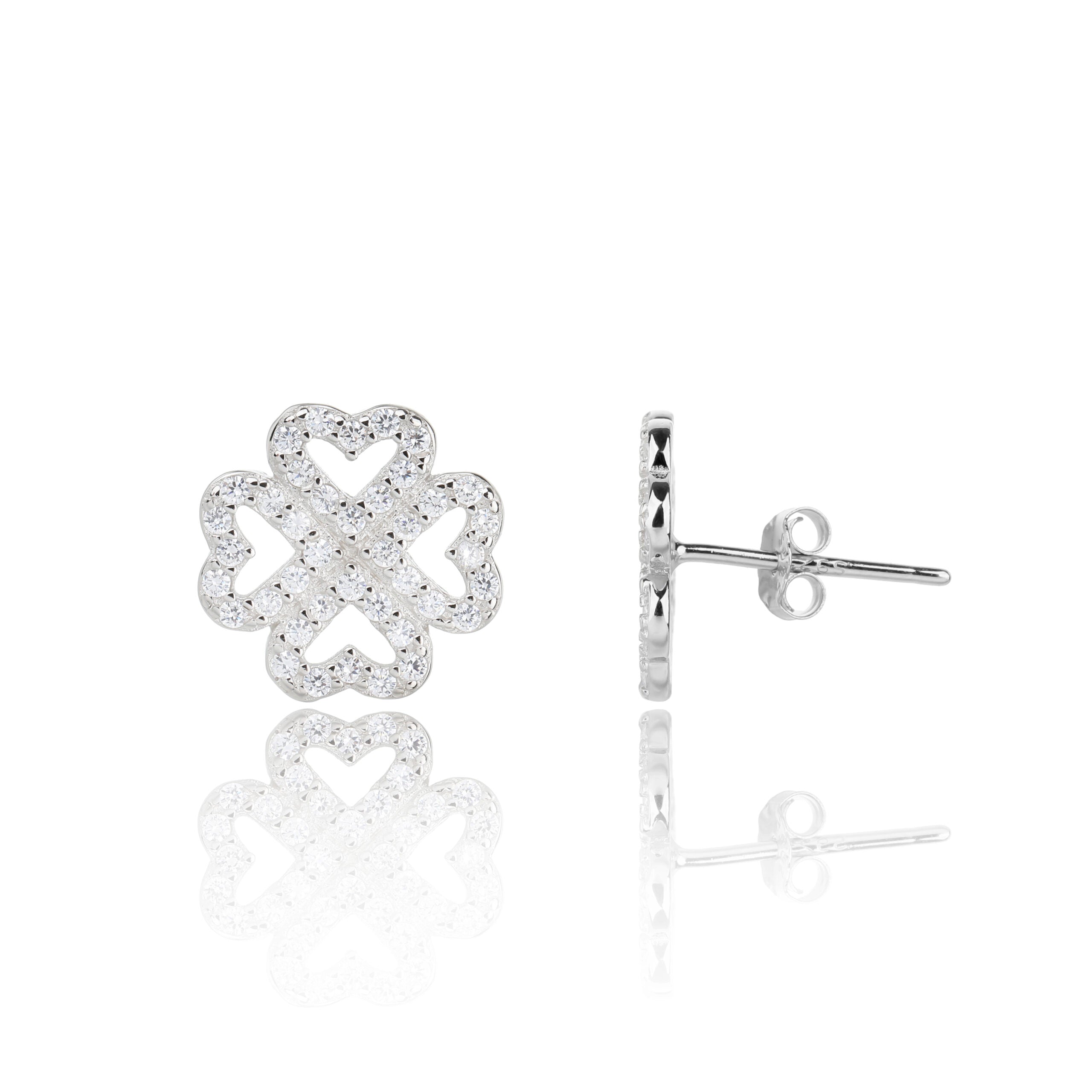 עגילים צמודים כסף 925 משובצים בזרקונים - דגם תלתן