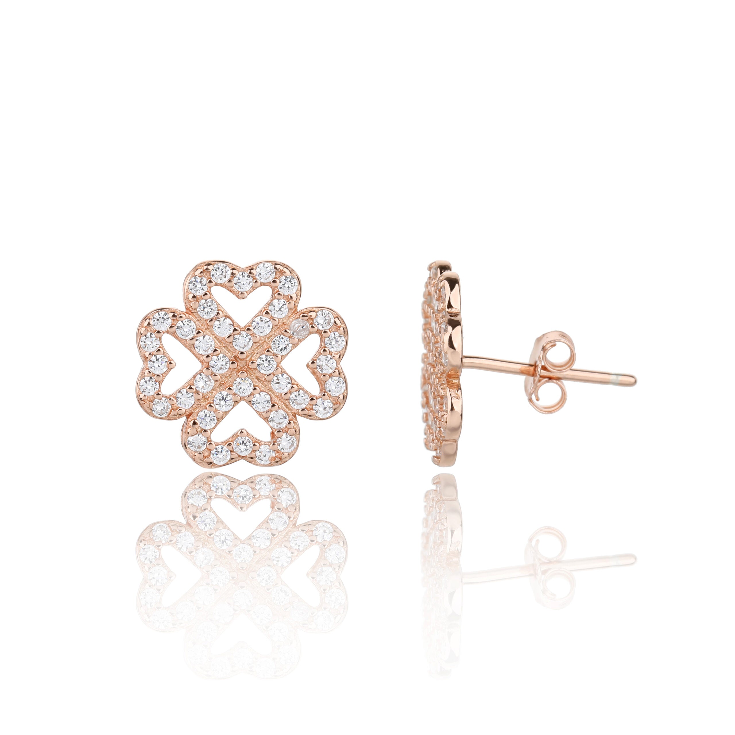 עגילים צמודים בציפוי רוז גולד משובצים בזרקונים - דגם תלתן